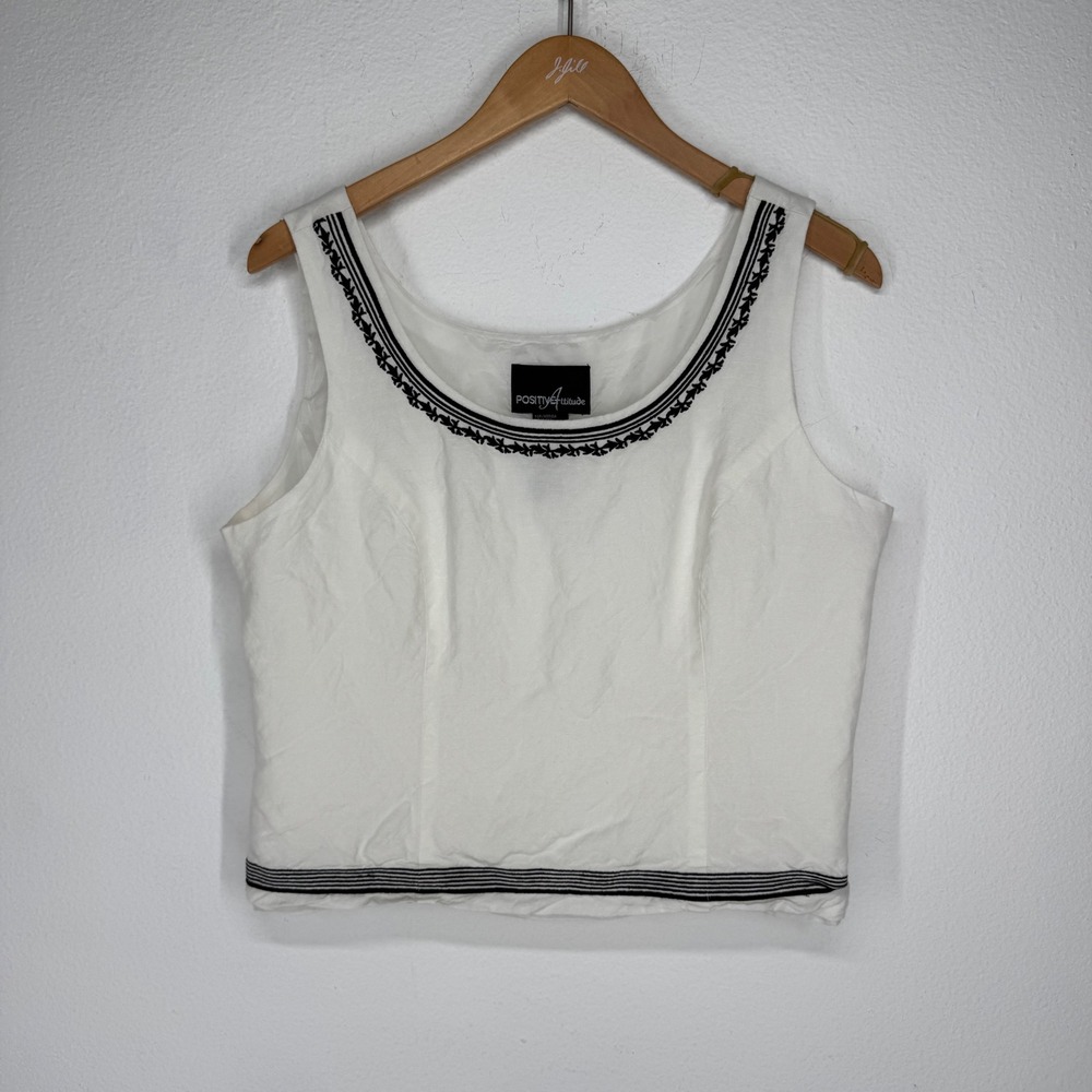 Vintage White Linen‎ Blend Embroidered Sleeveless Crop Top Tank Size 12 Capsule